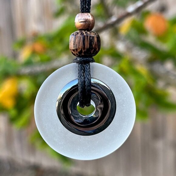 Hematite & White Sea Glass Pendant | Handmade - Picture 3 of 5